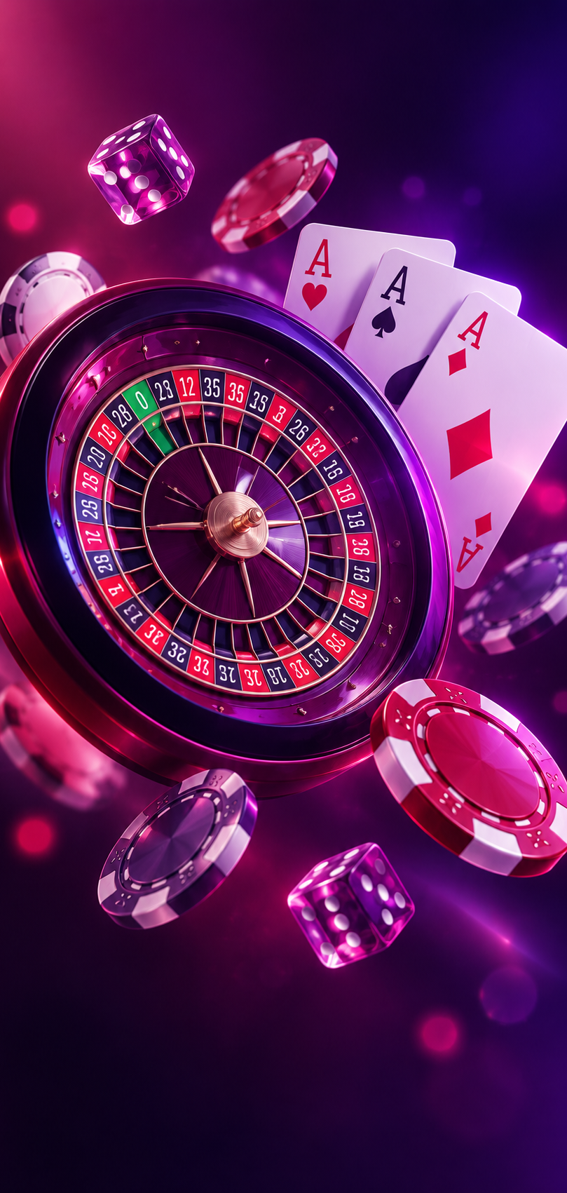 Roulette wheel with aces, neon dice and poker chips floating in violet light