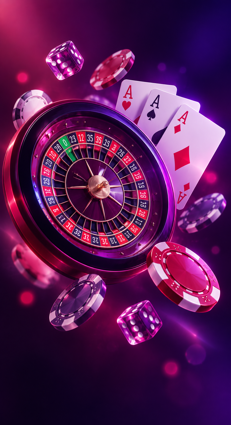 Roulette wheel with aces, neon dice and poker chips floating in violet light