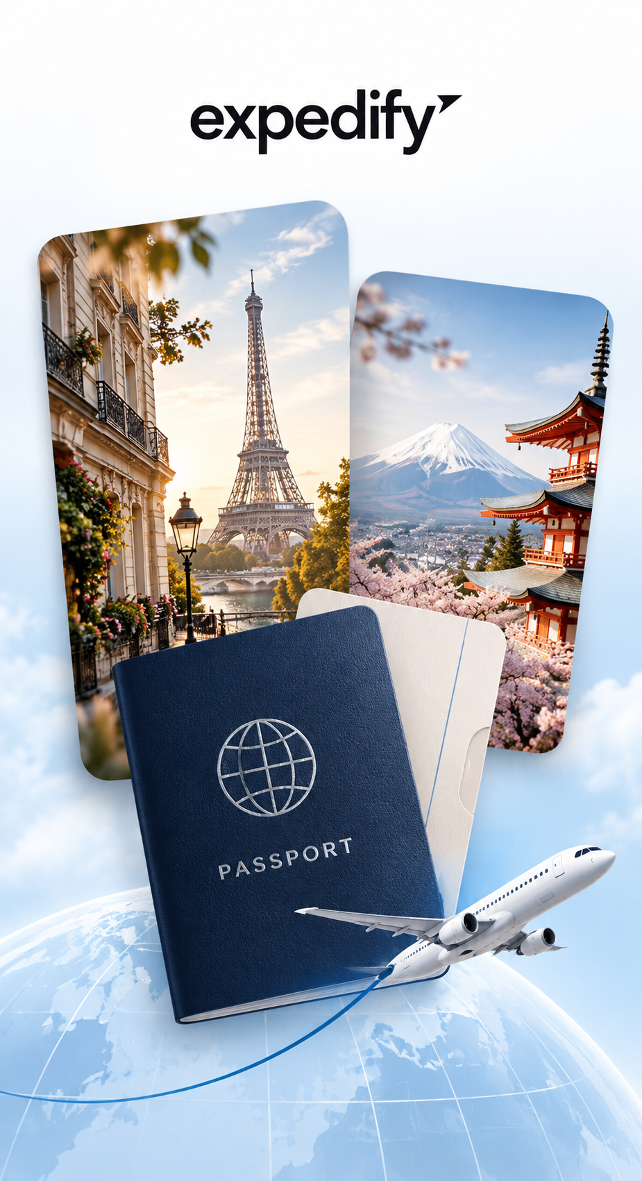 Expedify passport with travel photos of Paris and Japan over a globe